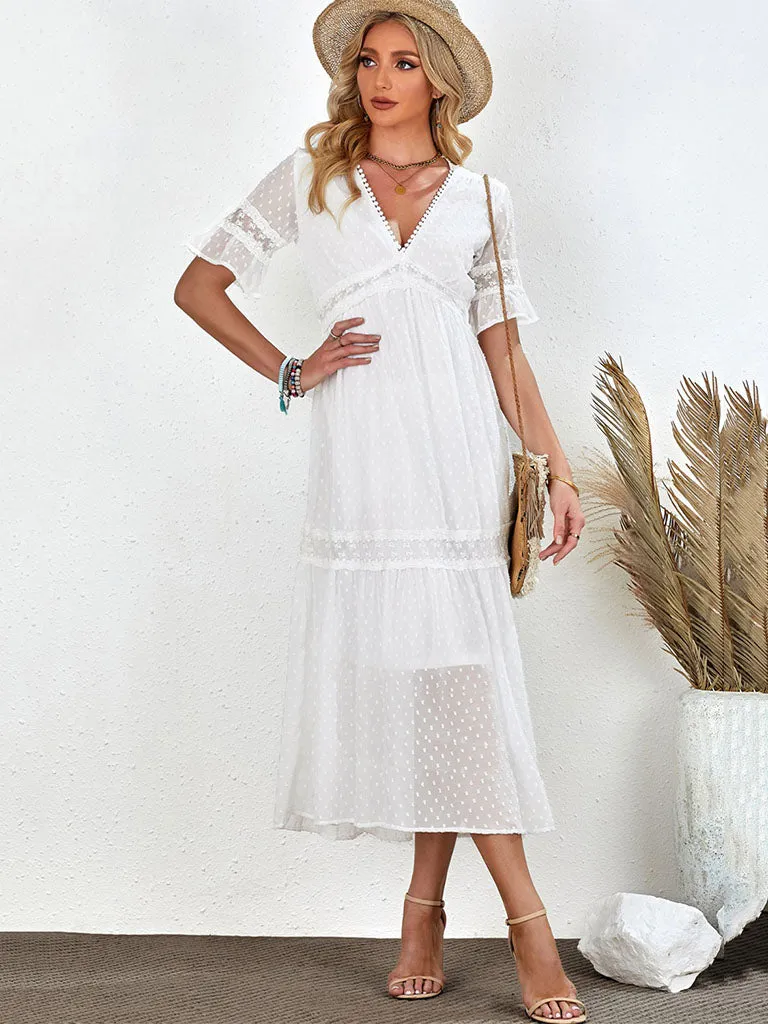 Semi-Sheer Short Sleeves Cut Out High Waist Maxi Boho Dress