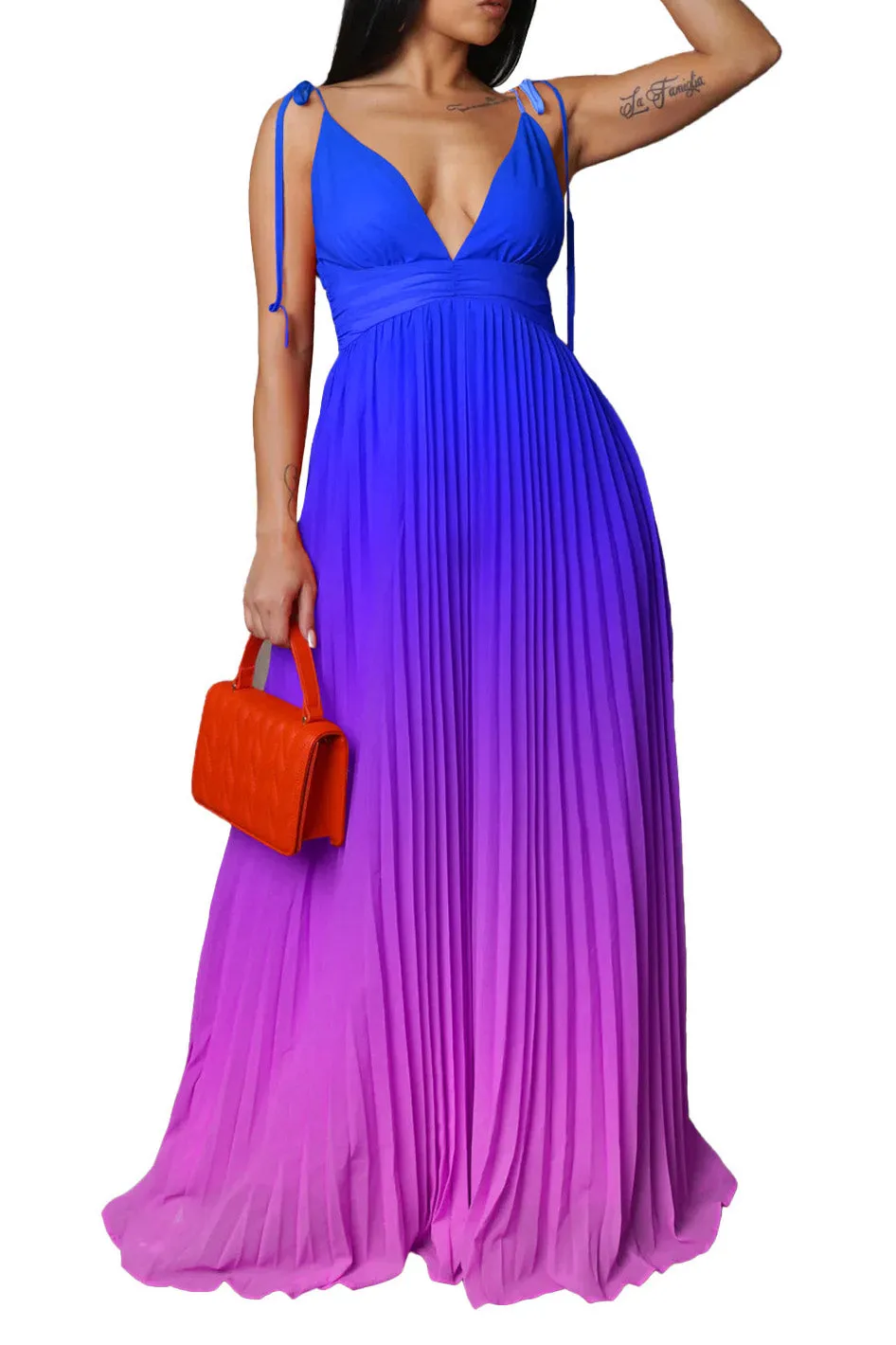 Sexy Backless Plunging Gradient Maxi Dress