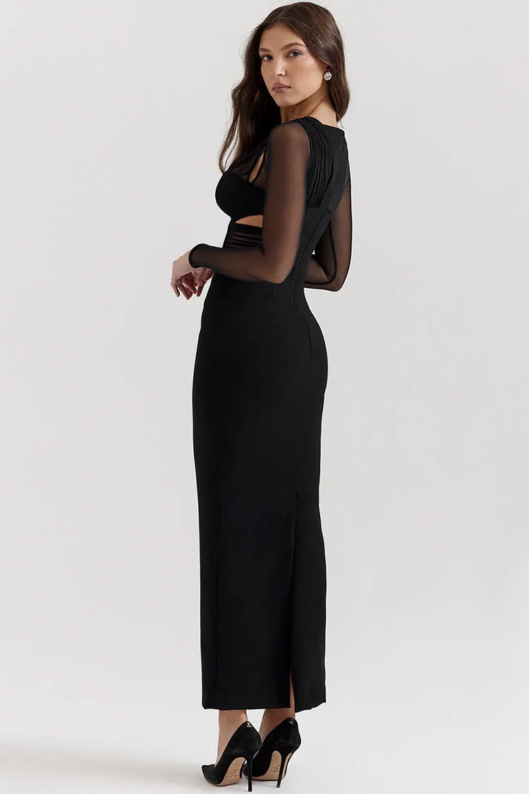 Sexy Sheer Ruched One Shoulder Cutout Bodycon Evening Maxi Dress - Black