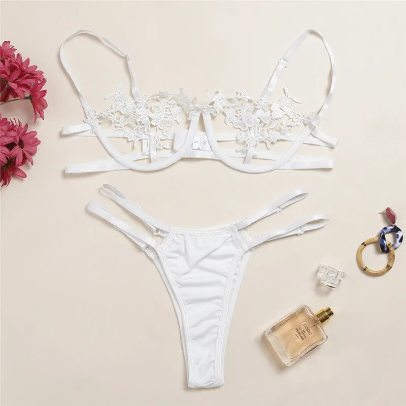 Sexy White Flower Temptation Underwear Set with Steel Ring