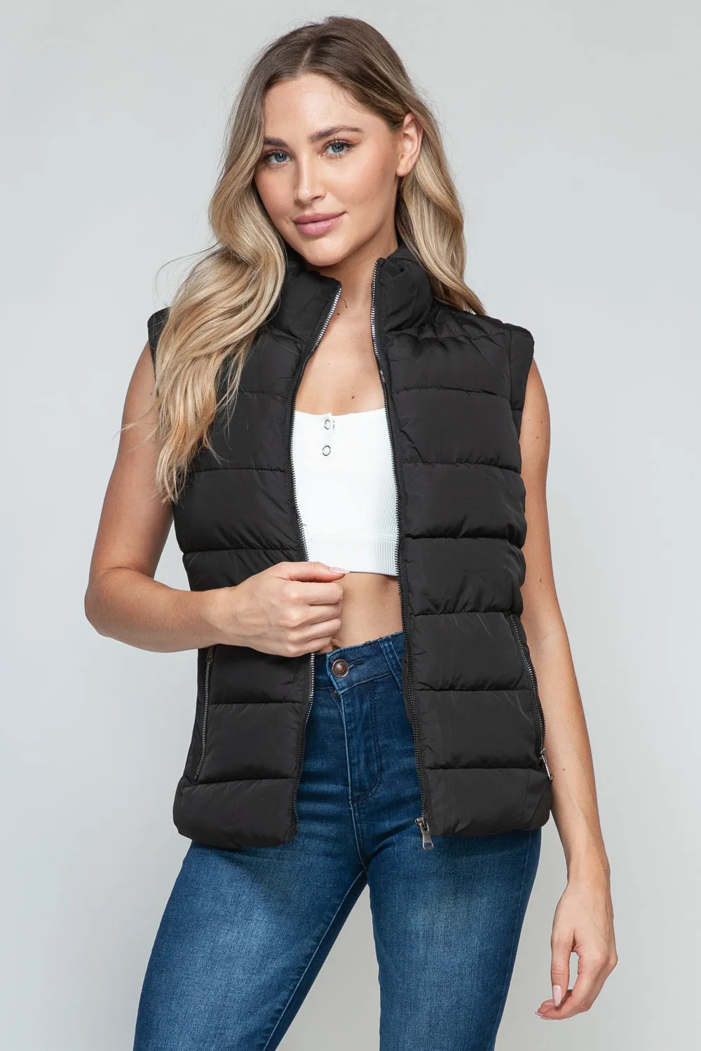 Shaylea Black Zip Up Turtleneck Vest with Pockets