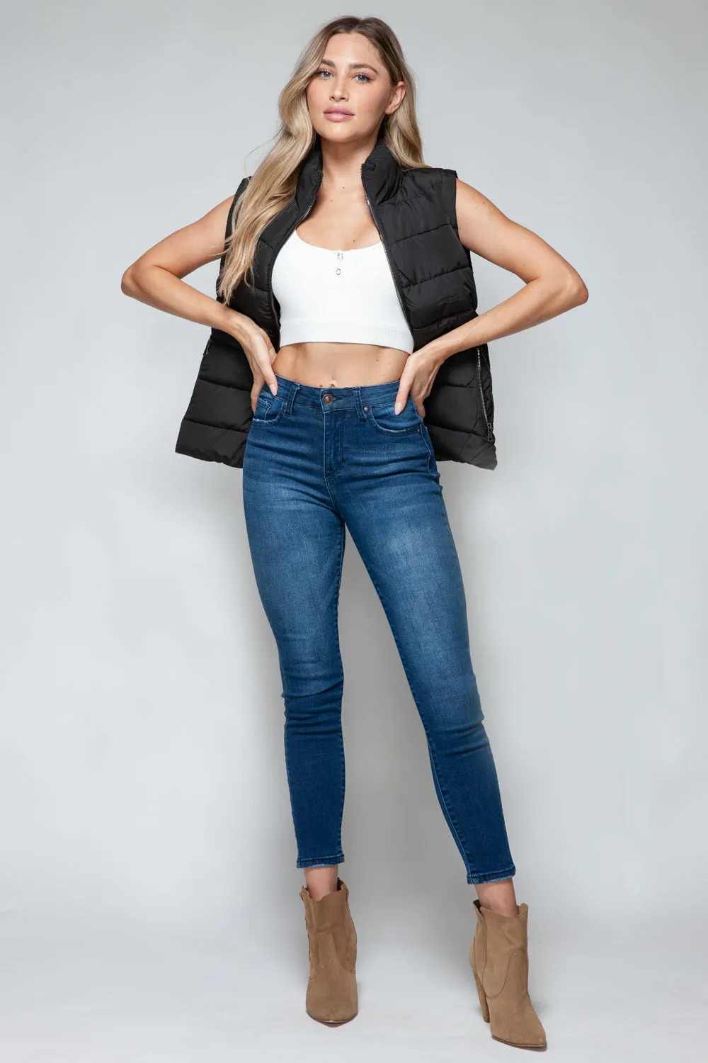 Shaylea Black Zip Up Turtleneck Vest with Pockets