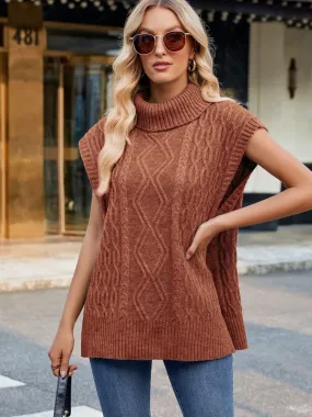 Short Sleeve Knit Side Slit Turtleneck Sweater Vest New Women's Fashion