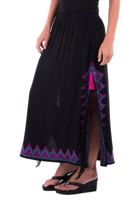 SHU-SHI Women's Long Boho Maxi Skirt with Embroidered Details and Side Slits