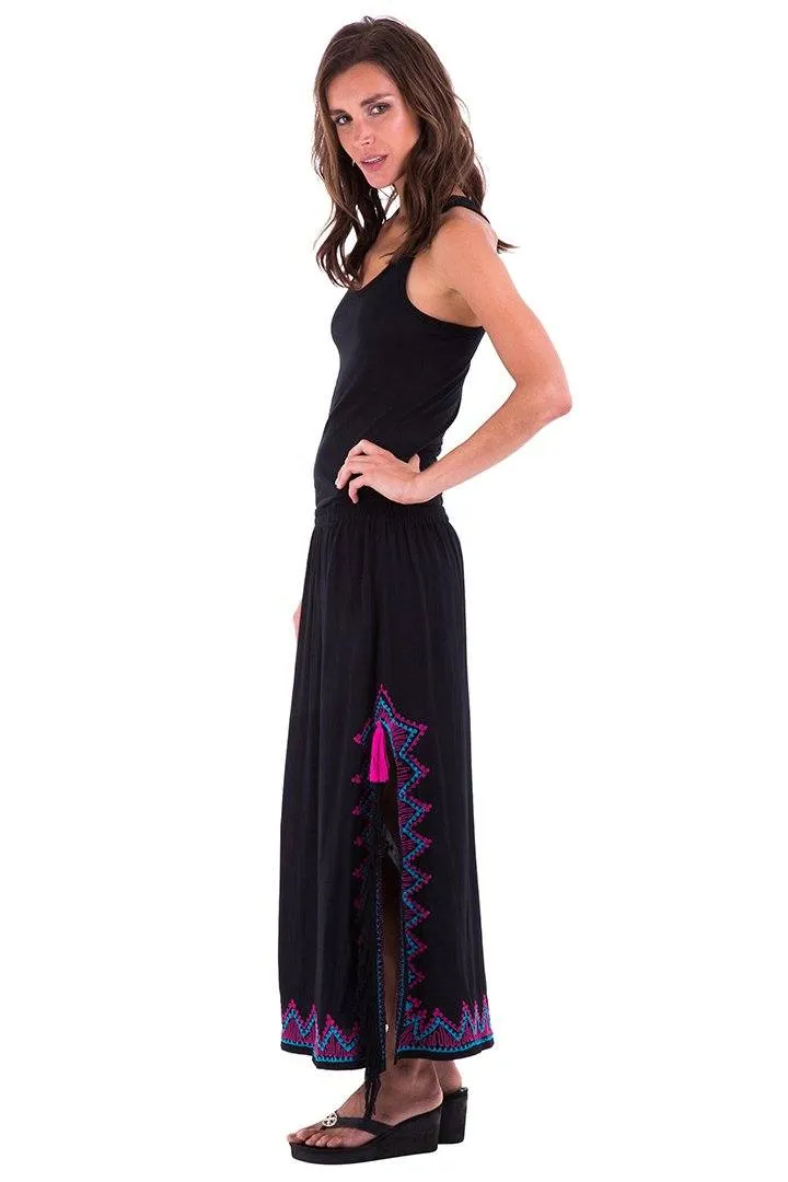 SHU-SHI Women's Long Boho Maxi Skirt with Embroidered Details and Side Slits