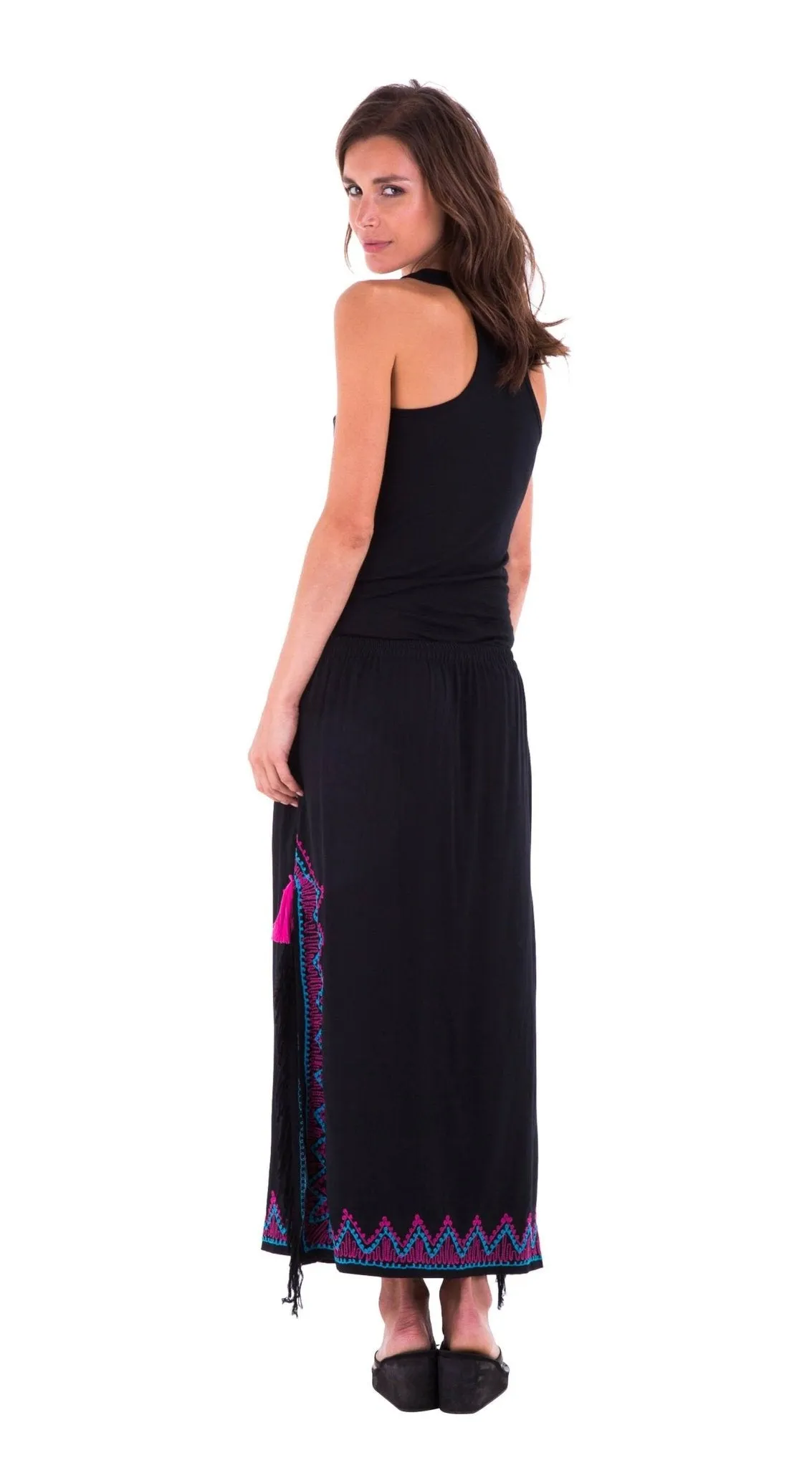 SHU-SHI Women's Long Boho Maxi Skirt with Embroidered Details and Side Slits