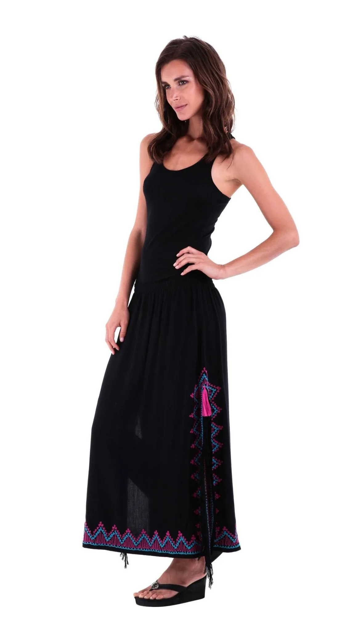 SHU-SHI Women's Long Boho Maxi Skirt with Embroidered Details and Side Slits