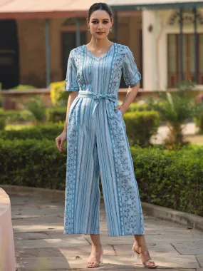 Skyblue Cotton Printed Straight Jumpsuit