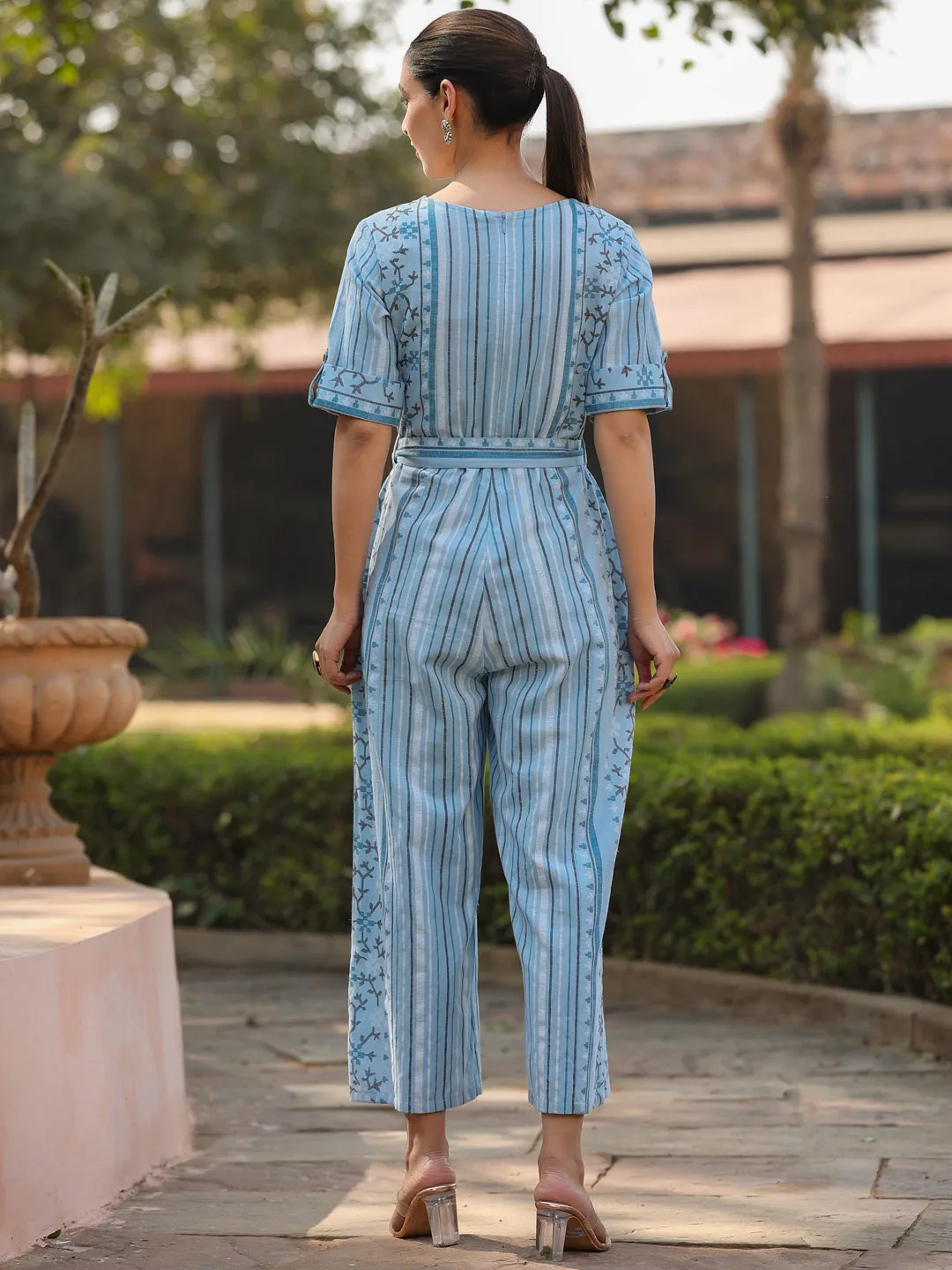 Skyblue Cotton Printed Straight Jumpsuit