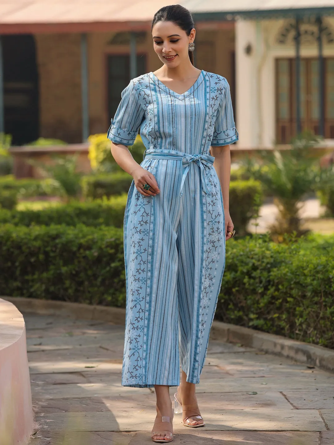 Skyblue Cotton Printed Straight Jumpsuit