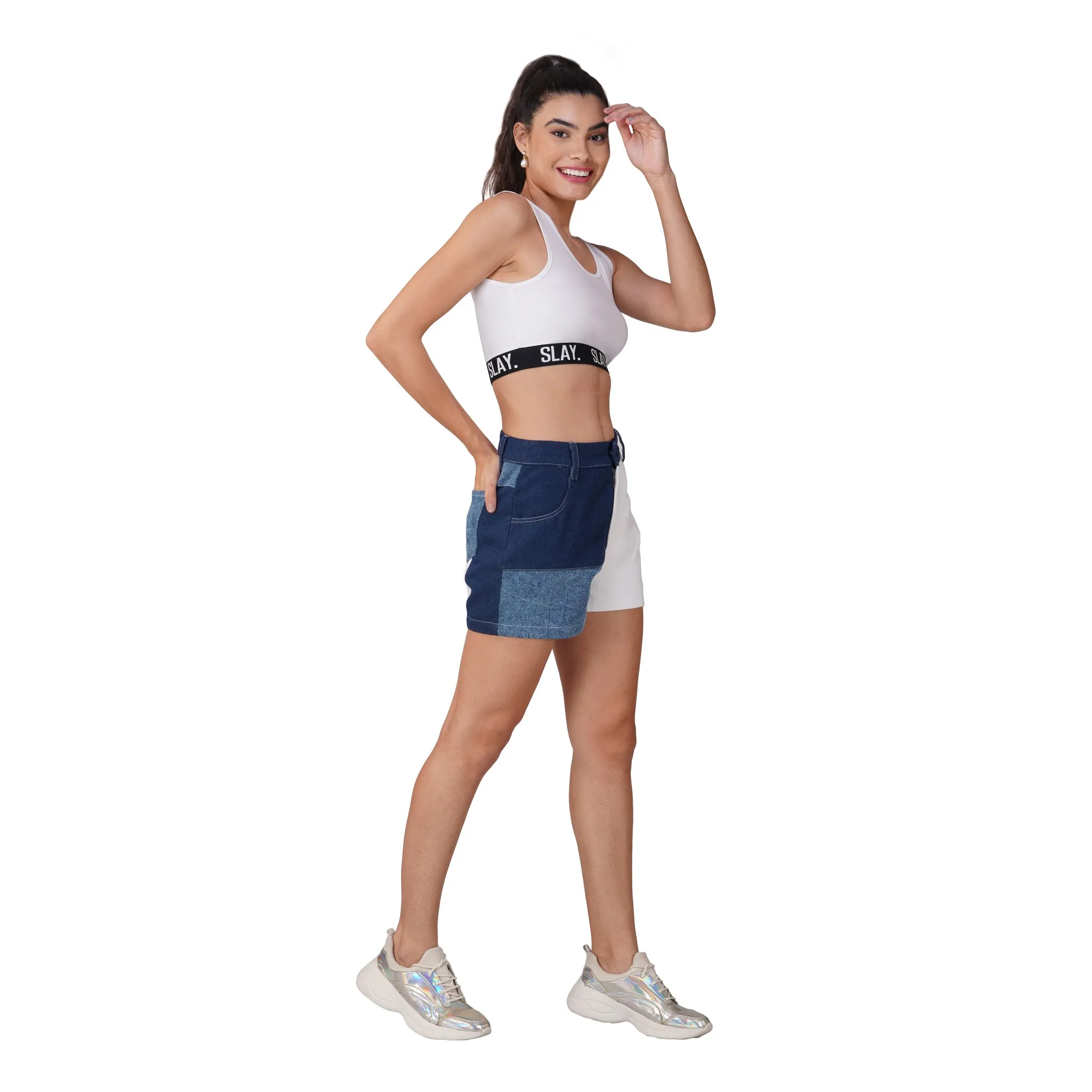 SLAY. Women's Colourblock Blue & White Colorblock Denim Shorts