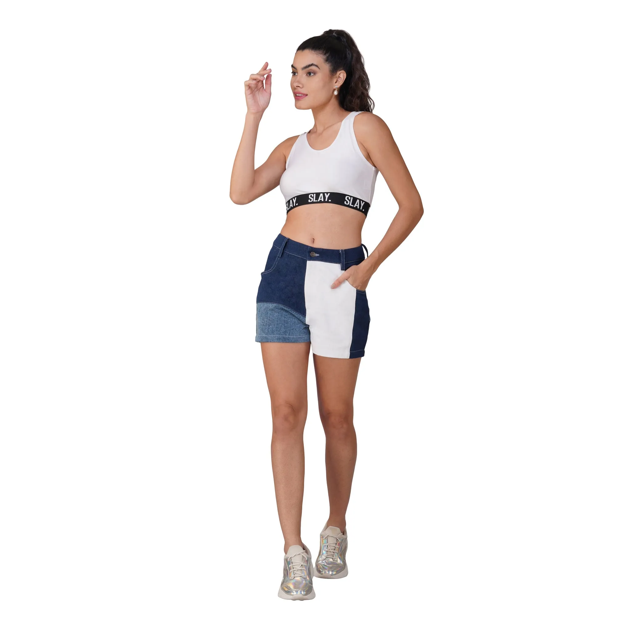 SLAY. Women's Colourblock Blue & White Colorblock Denim Shorts