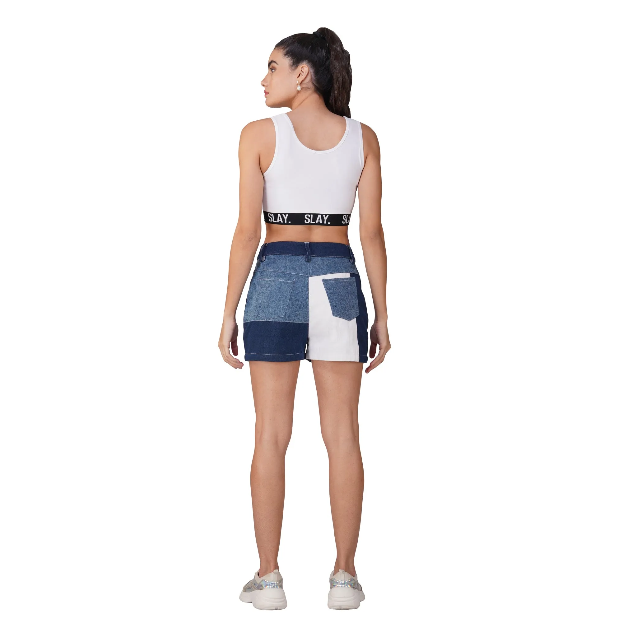 SLAY. Women's Colourblock Blue & White Colorblock Denim Shorts