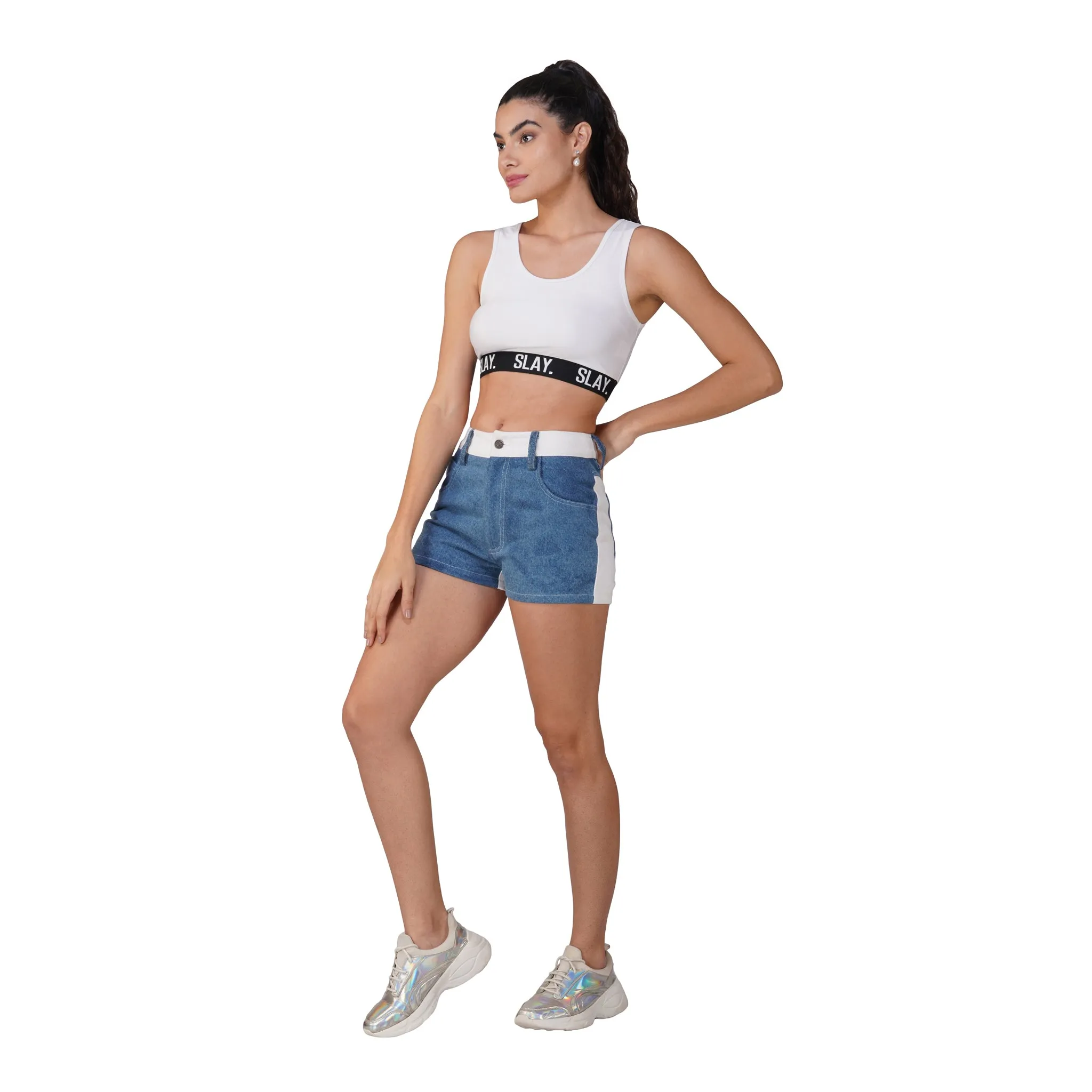 SLAY. Women's Colourblock High Waist Blue & White Colorblock Zip Fly Denim Shorts