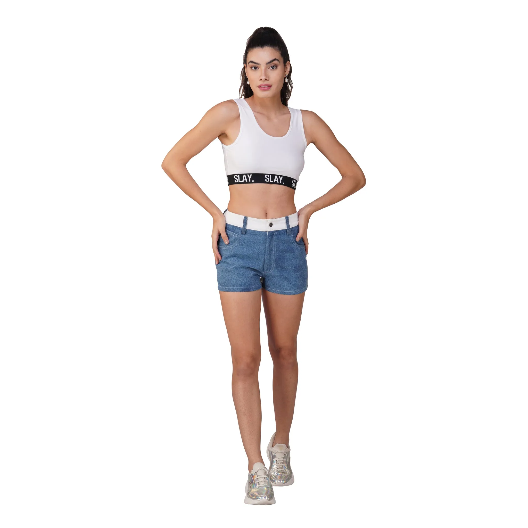 SLAY. Women's Colourblock High Waist Blue & White Colorblock Zip Fly Denim Shorts