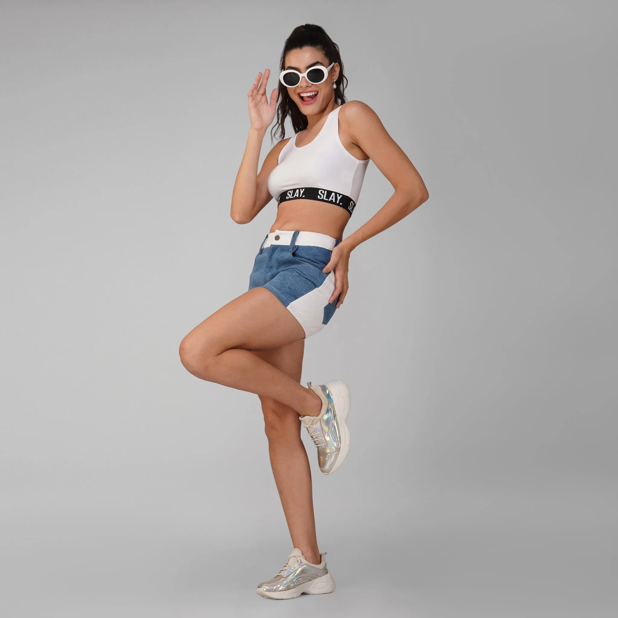 SLAY. Women's Colourblock High Waist Blue & White Colorblock Zip Fly Denim Shorts