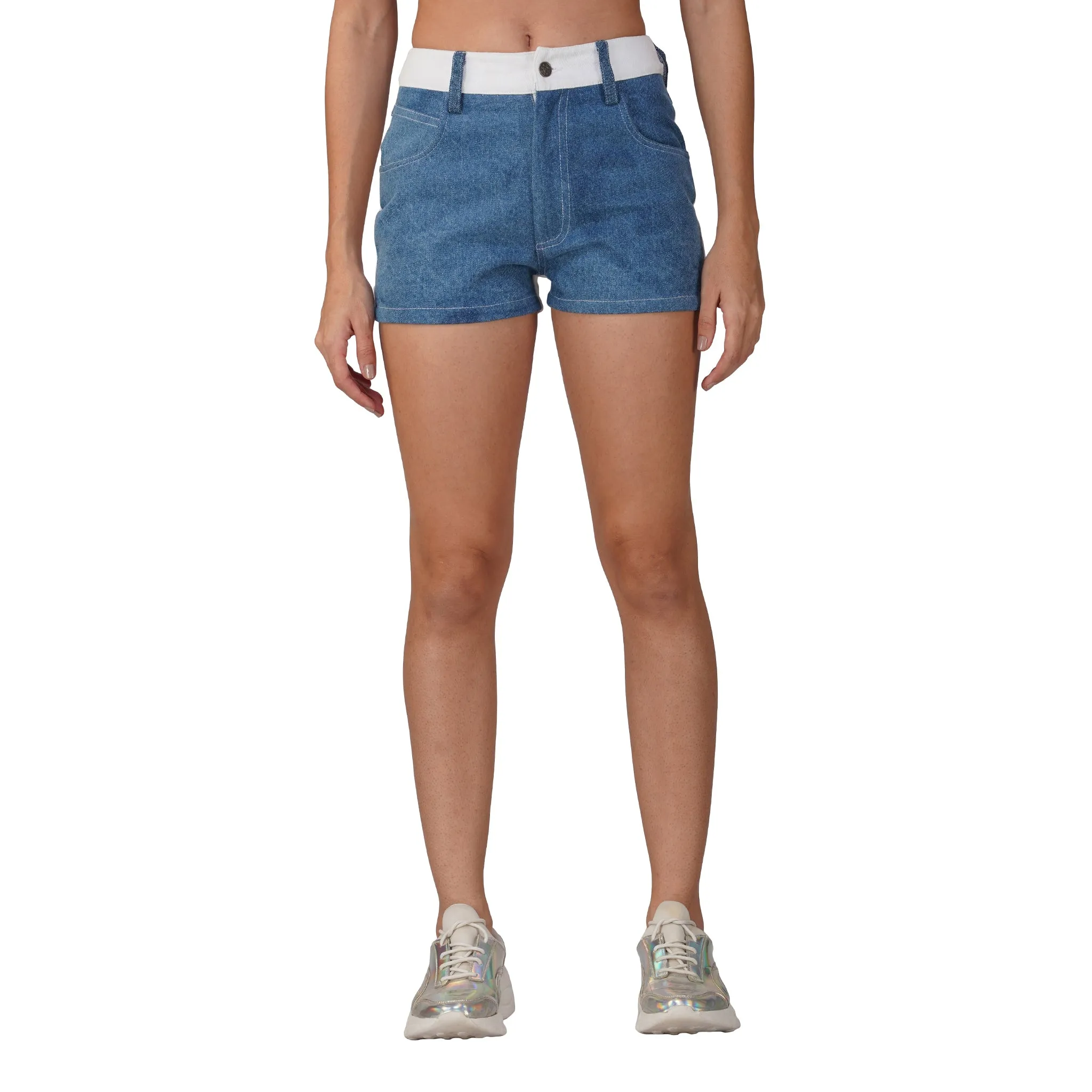 SLAY. Women's Colourblock High Waist Blue & White Colorblock Zip Fly Denim Shorts