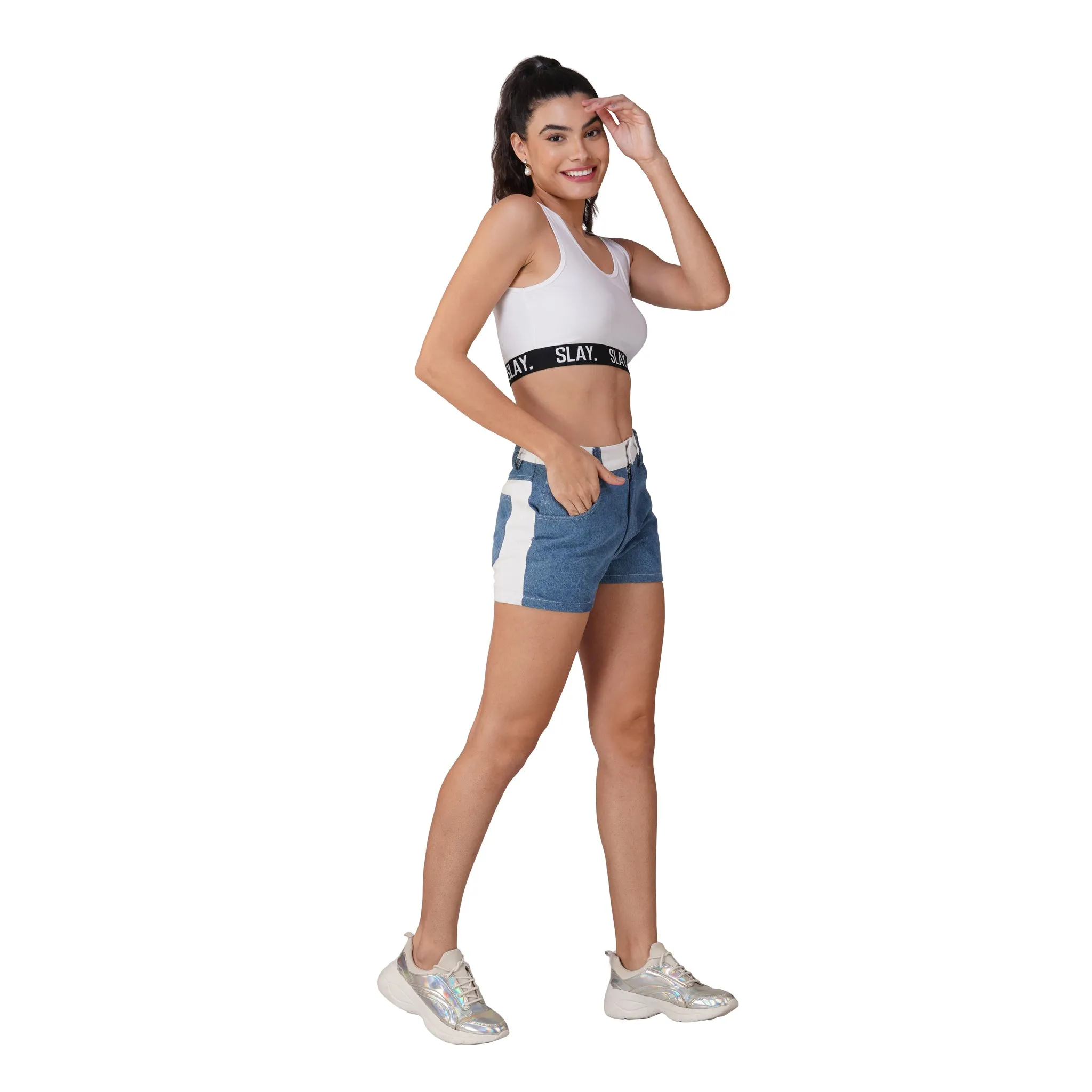 SLAY. Women's Colourblock High Waist Blue & White Colorblock Zip Fly Denim Shorts