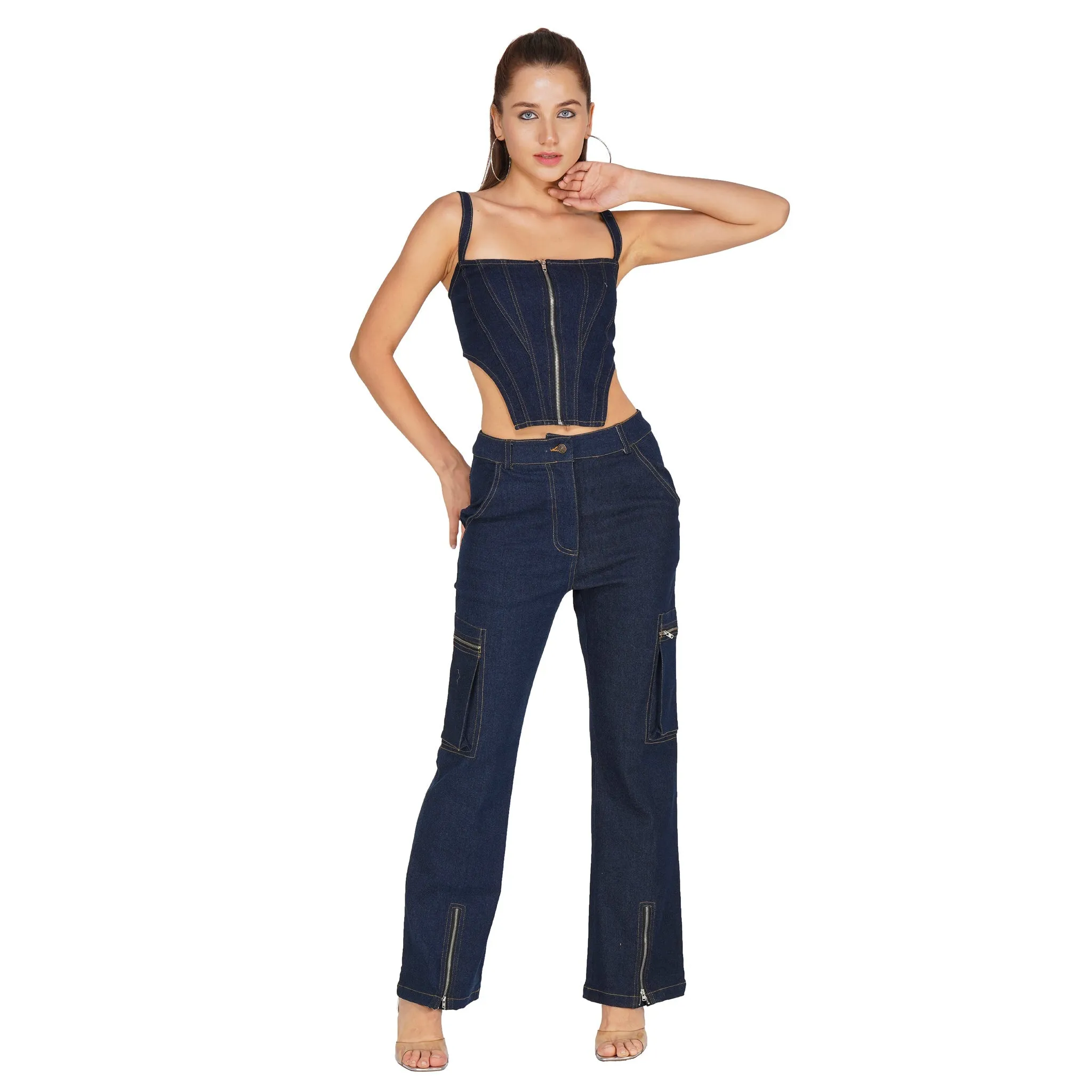 SLAY. Women's Navy Blue Enzyme Wash Denim Zip up Corset (Stretch Fabric)