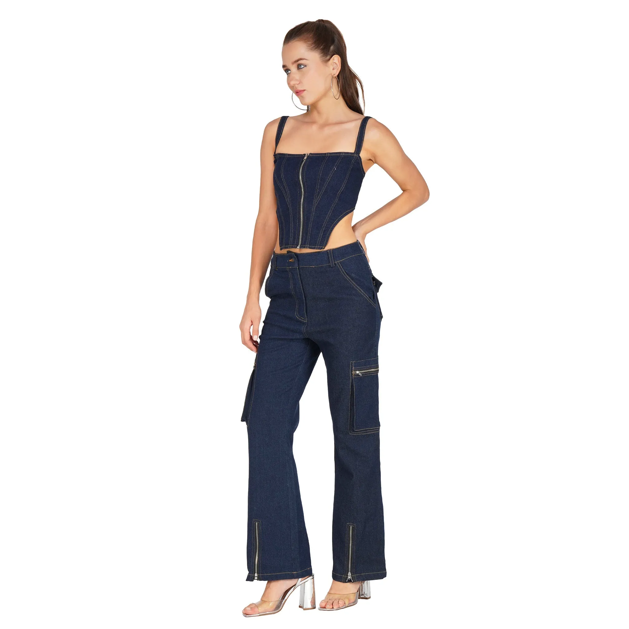 SLAY. Women's Navy Blue Enzyme Wash Denim Zip up Corset (Stretch Fabric)