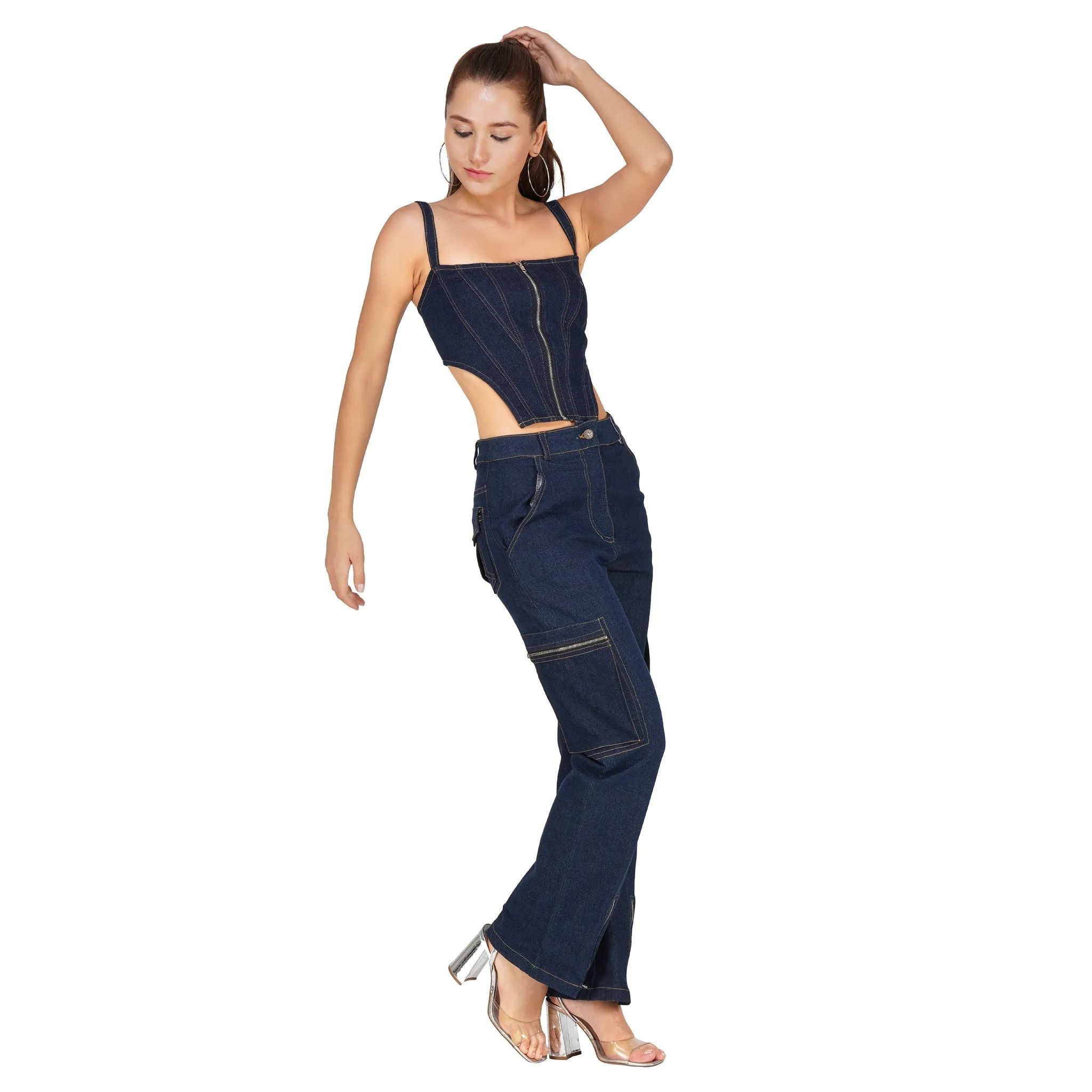 SLAY. Women's Navy Blue Enzyme Wash Denim Zip up Corset (Stretch Fabric)