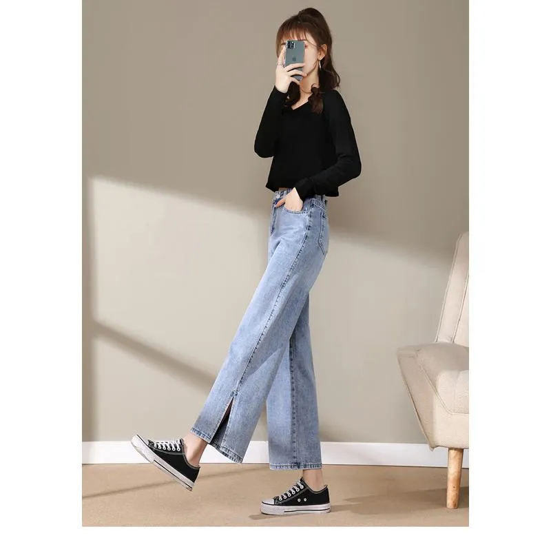 Slimming Cropped High-Waisted Straight-Leg Height Enhancing Loose-Fit Split Jeans