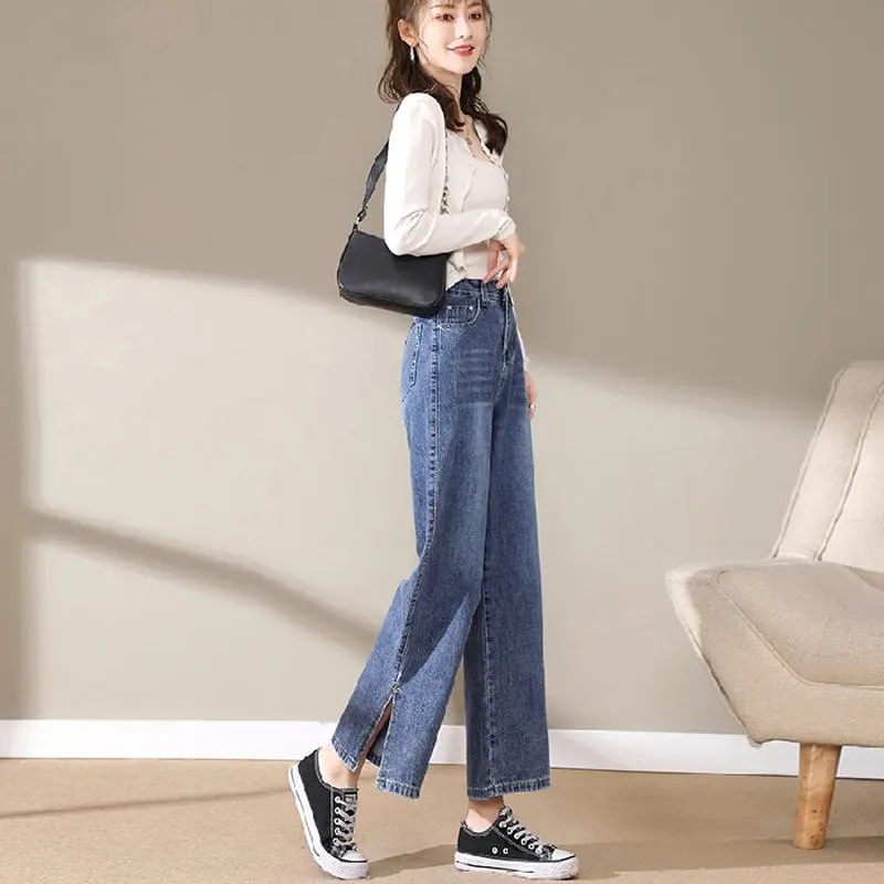 Slimming Cropped High-Waisted Straight-Leg Height Enhancing Loose-Fit Split Jeans