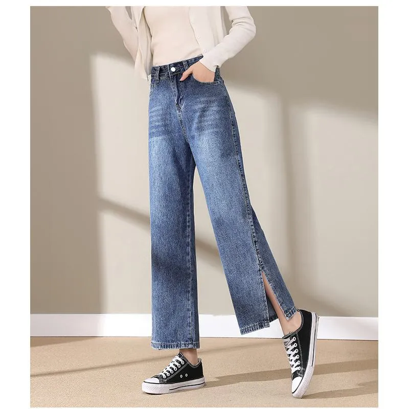 Slimming Cropped High-Waisted Straight-Leg Height Enhancing Loose-Fit Split Jeans