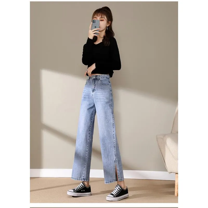 Slimming Cropped High-Waisted Straight-Leg Height Enhancing Loose-Fit Split Jeans