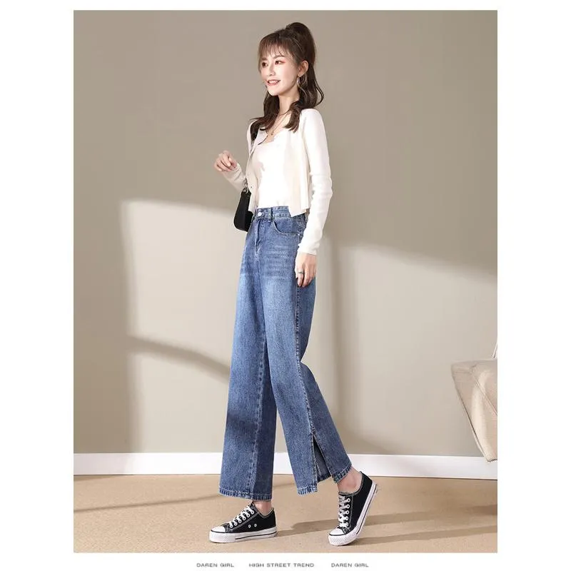 Slimming Cropped High-Waisted Straight-Leg Height Enhancing Loose-Fit Split Jeans