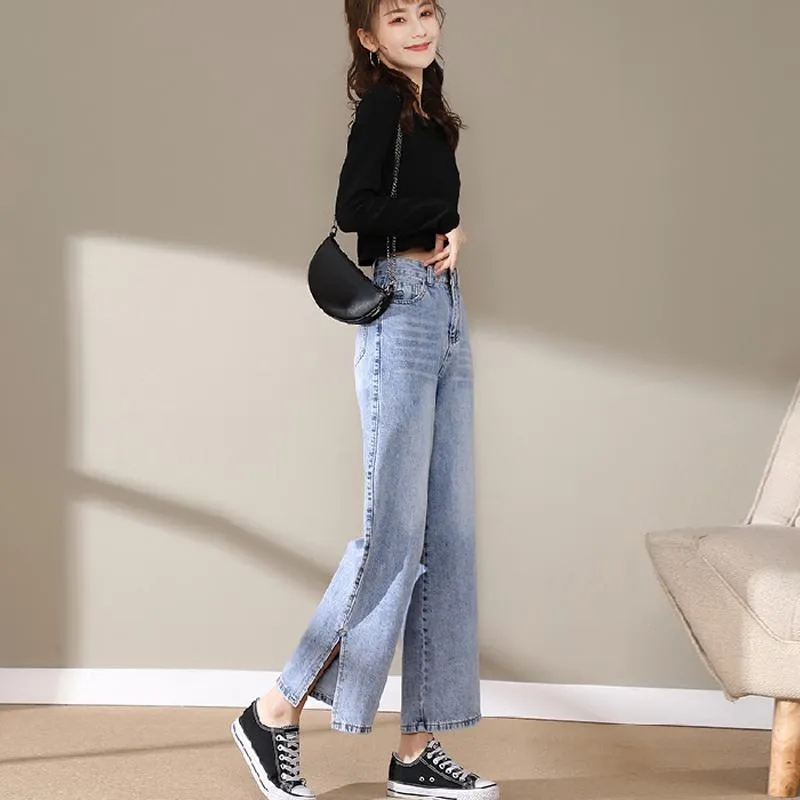 Slimming Cropped High-Waisted Straight-Leg Height Enhancing Loose-Fit Split Jeans