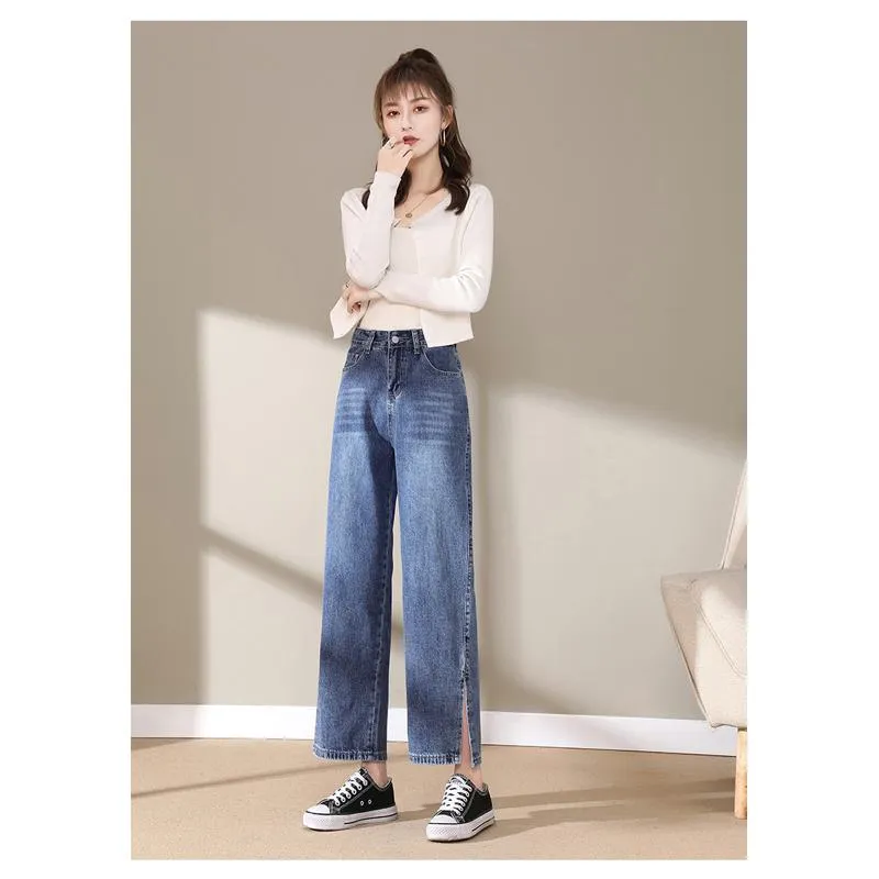 Slimming Cropped High-Waisted Straight-Leg Height Enhancing Loose-Fit Split Jeans