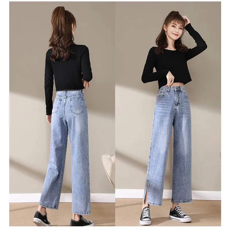 Slimming Cropped High-Waisted Straight-Leg Height Enhancing Loose-Fit Split Jeans