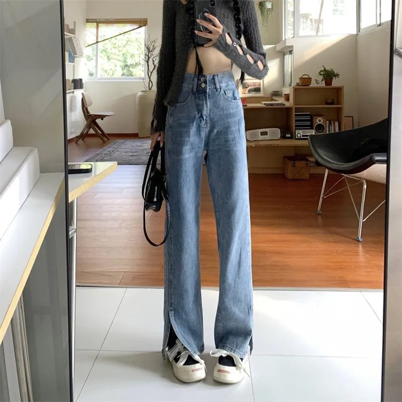 Slimming Floor-Length Plus Light-Colored High-Waisted Wide-Leg Split Jeans