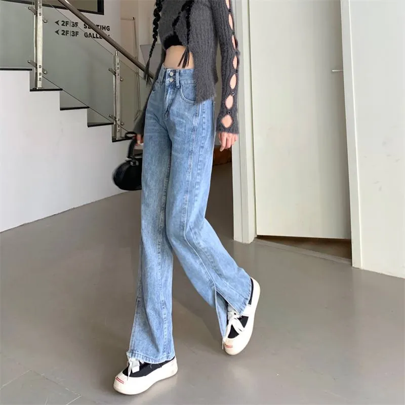 Slimming Floor-Length Plus Light-Colored High-Waisted Wide-Leg Split Jeans