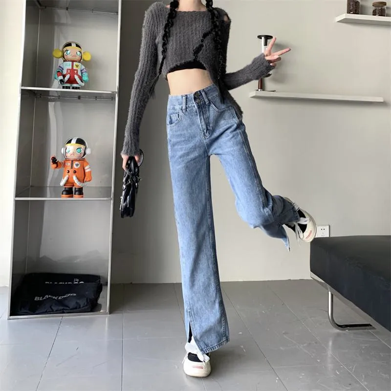 Slimming Floor-Length Plus Light-Colored High-Waisted Wide-Leg Split Jeans