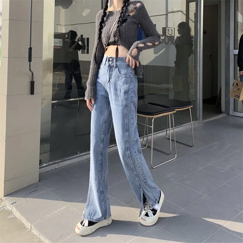 Slimming Floor-Length Plus Light-Colored High-Waisted Wide-Leg Split Jeans