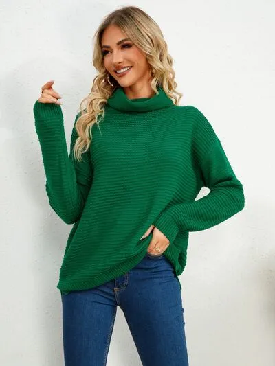 Slit Turtleneck Dropped Shoulder Sweater