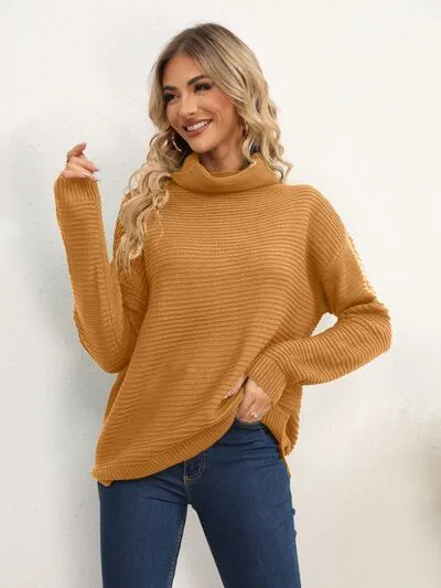 Slit Turtleneck Dropped Shoulder Sweater