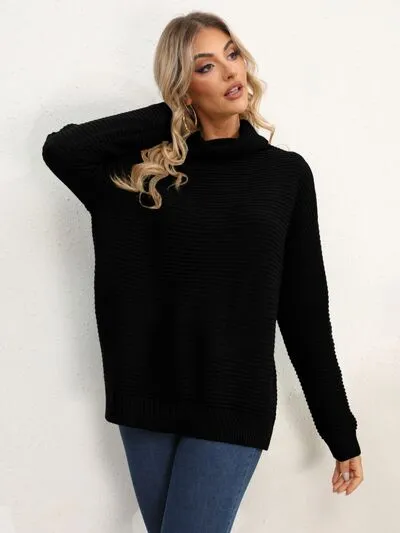 Slit Turtleneck Dropped Shoulder Sweater