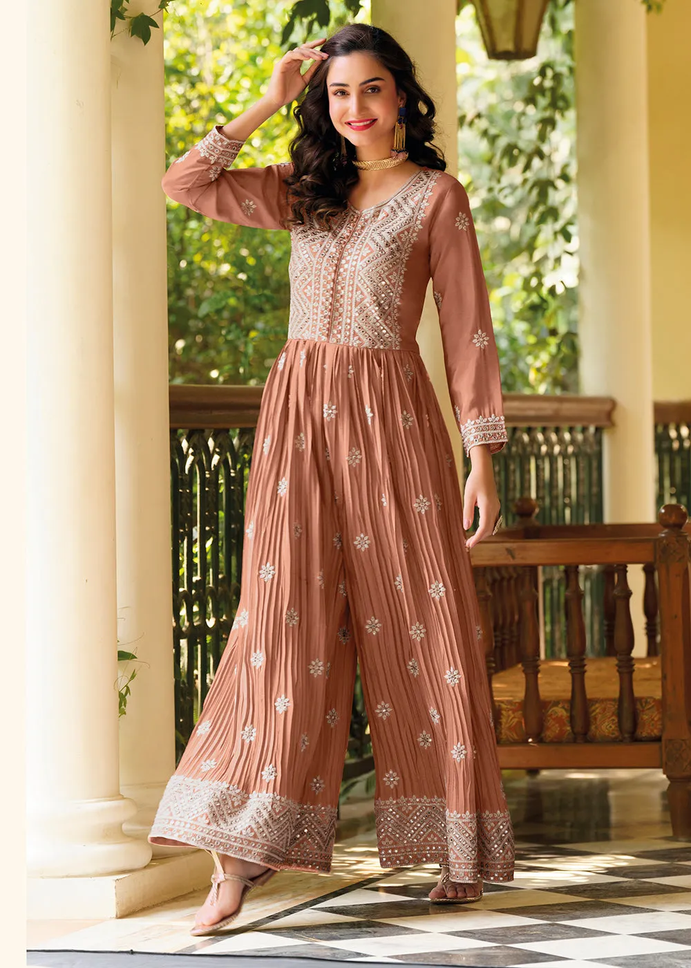 Soft Brown Indo-Western Embroidered Chinon Jumpsuit