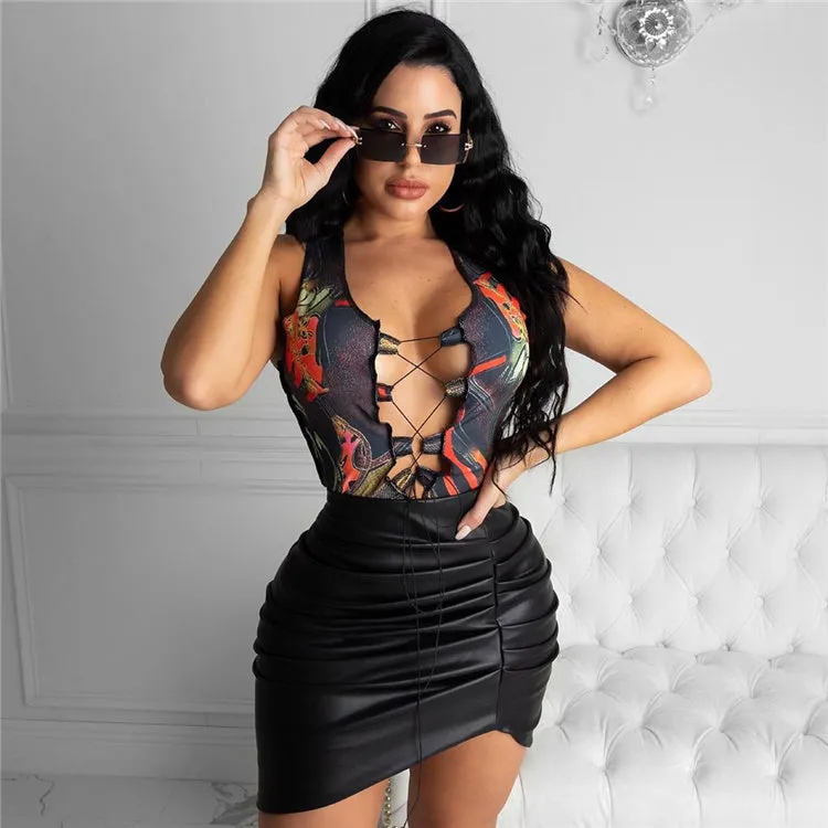 Solid Pleated Splicing Matte Leather Mini Skirt