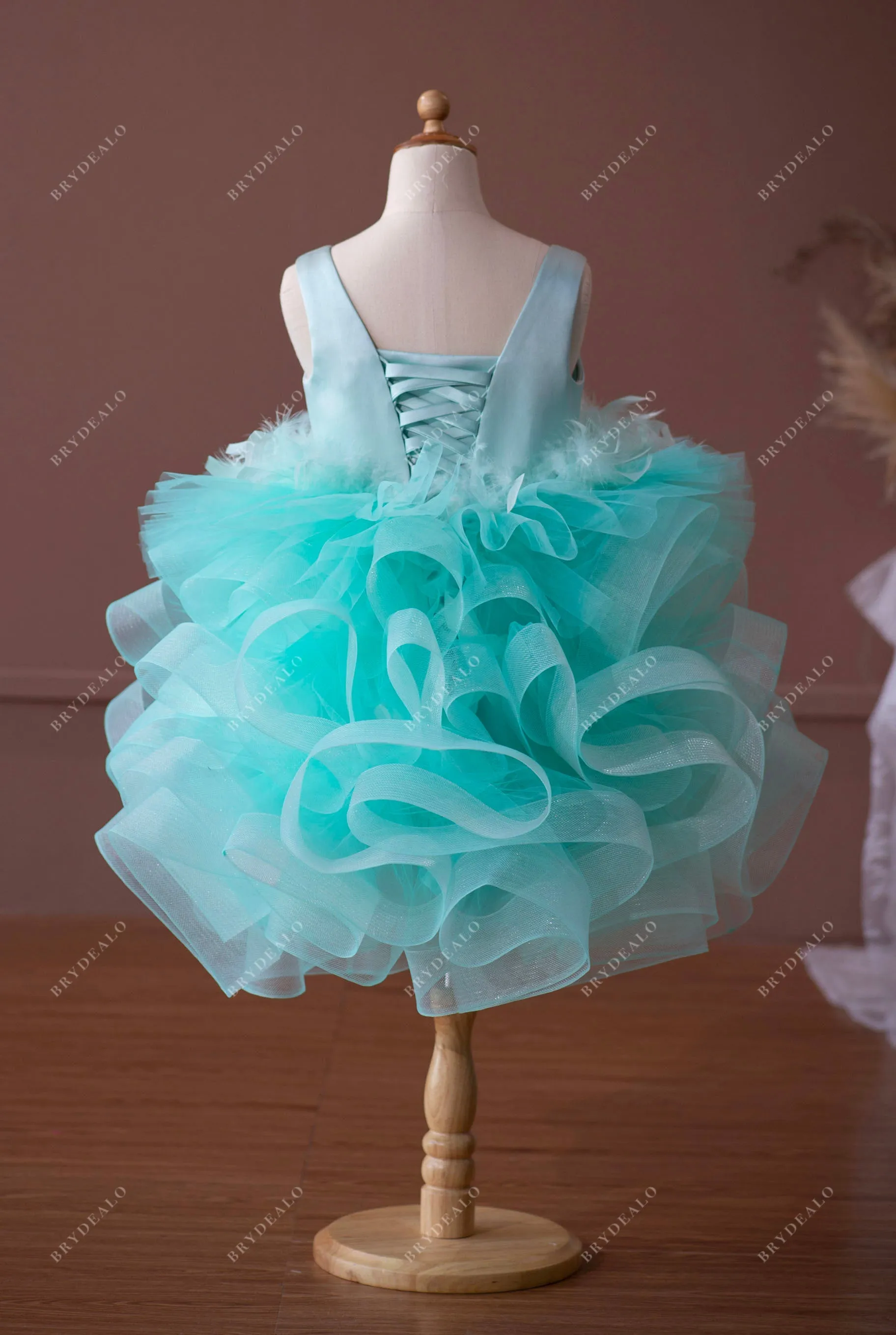 Spa Green Satin Ruffled Tulle Knee Length Flower Girl Dress Online