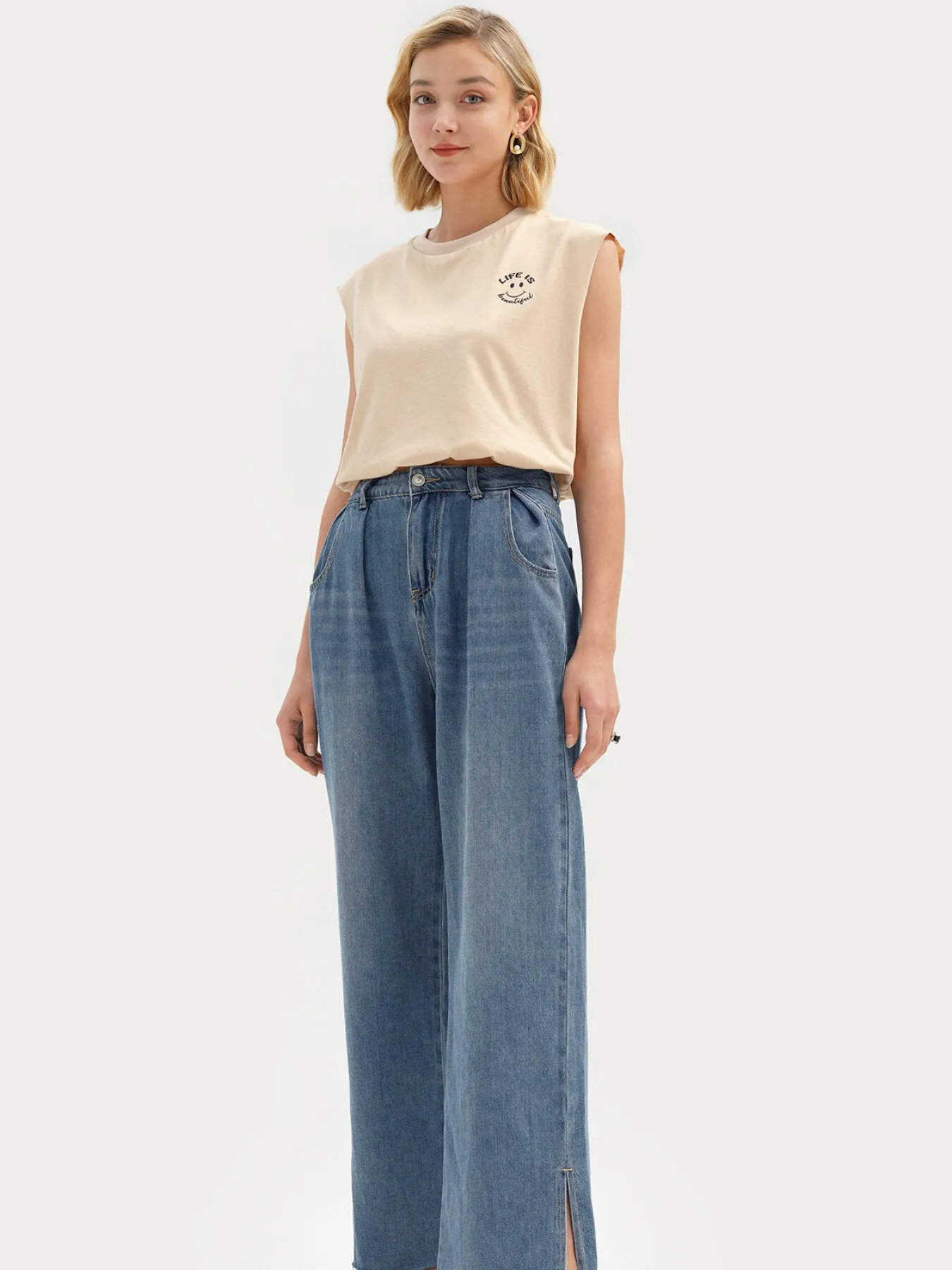 Split Washed Wide Leg Pocket High Waist Jeans