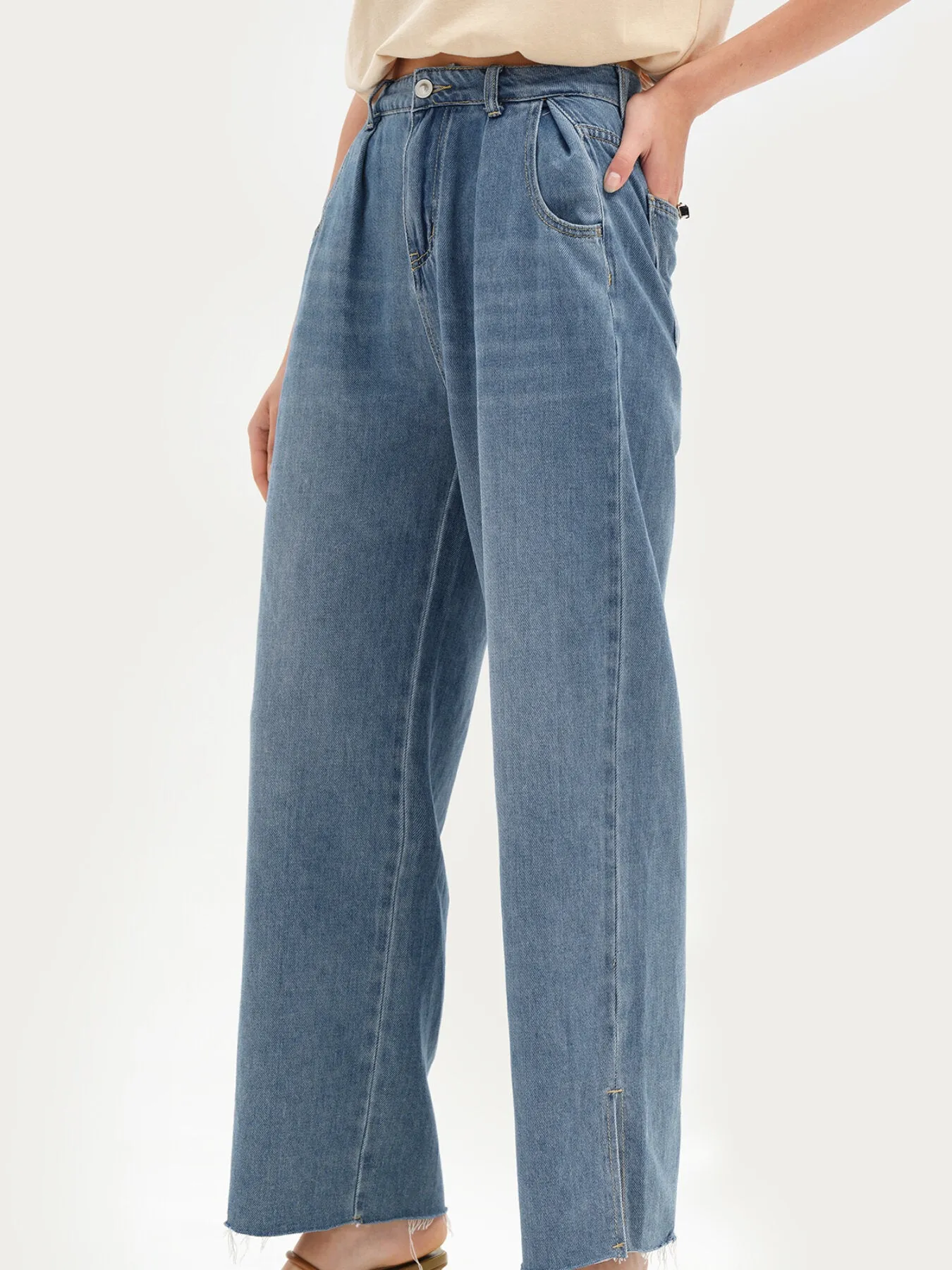 Split Washed Wide Leg Pocket High Waist Jeans