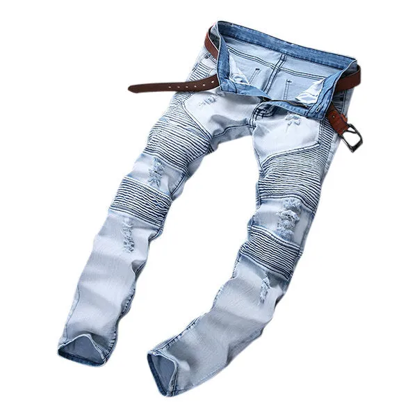 Stone Washed Biker Jeans for Men Light Blue Folds High Elastic Slim Ripped