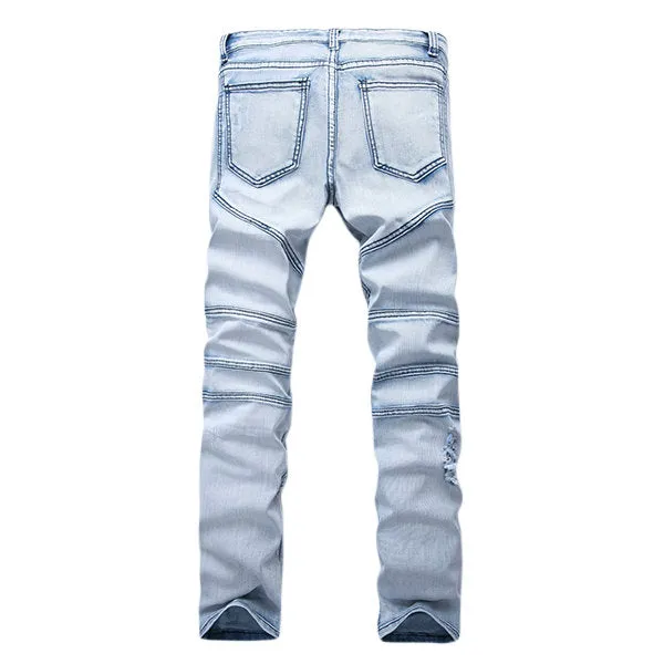 Stone Washed Biker Jeans for Men Light Blue Folds High Elastic Slim Ripped