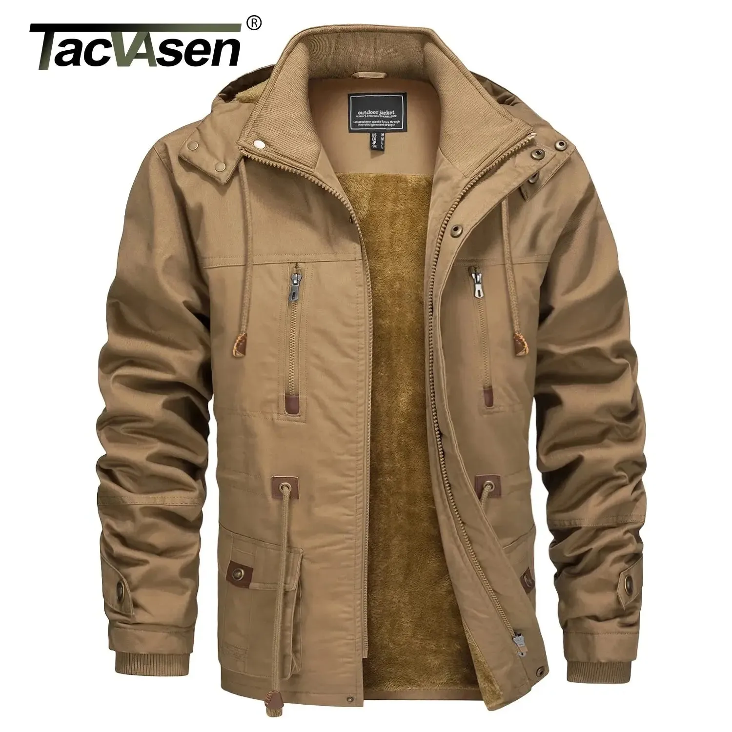 TACVASEN Thicken Fleece Lined Coats Men's Hiking Hooded Jacket Winter Warm Coat Outdoor Cargo Outwear Windbreaker Parka Man