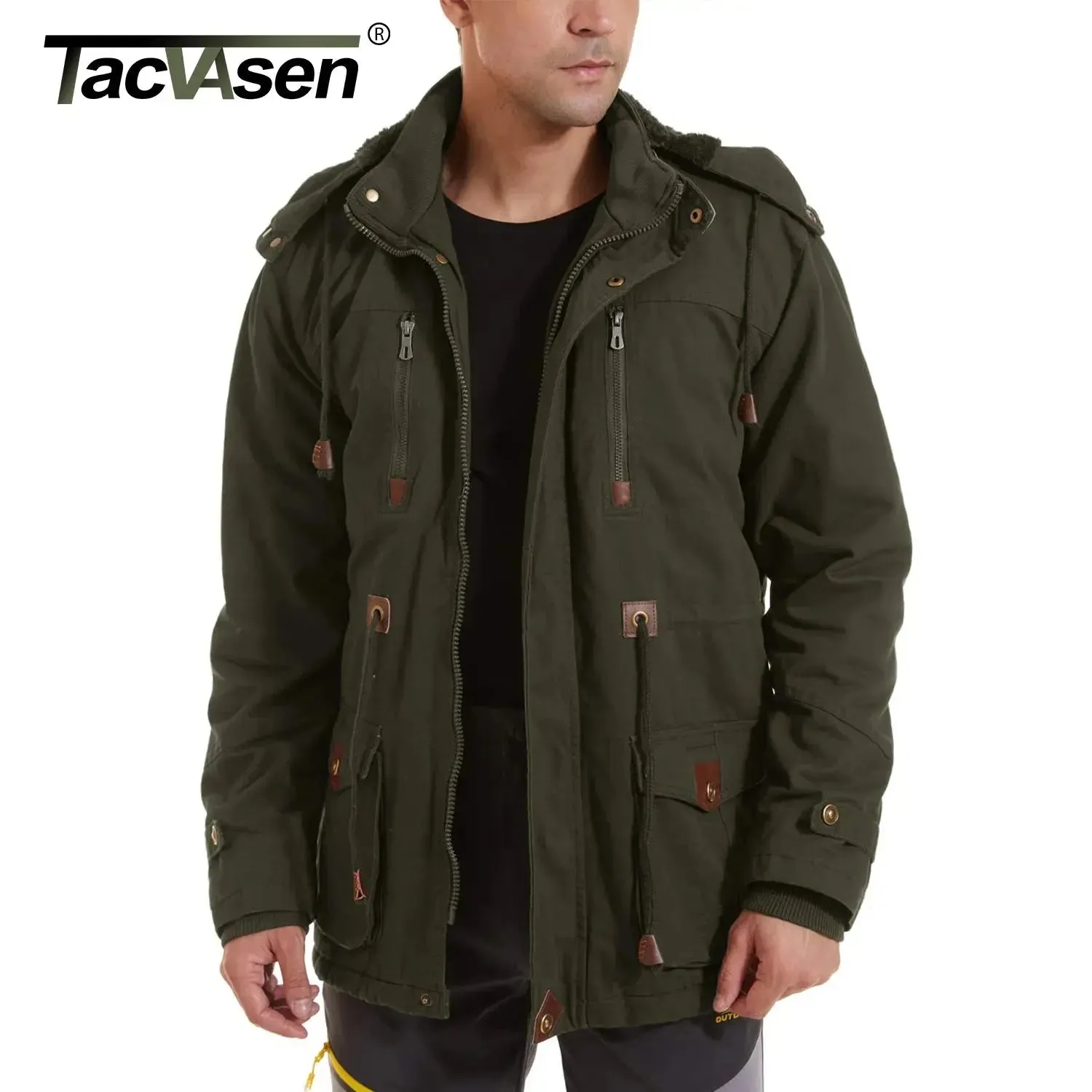 TACVASEN Thicken Fleece Lined Coats Men's Hiking Hooded Jacket Winter Warm Coat Outdoor Cargo Outwear Windbreaker Parka Man