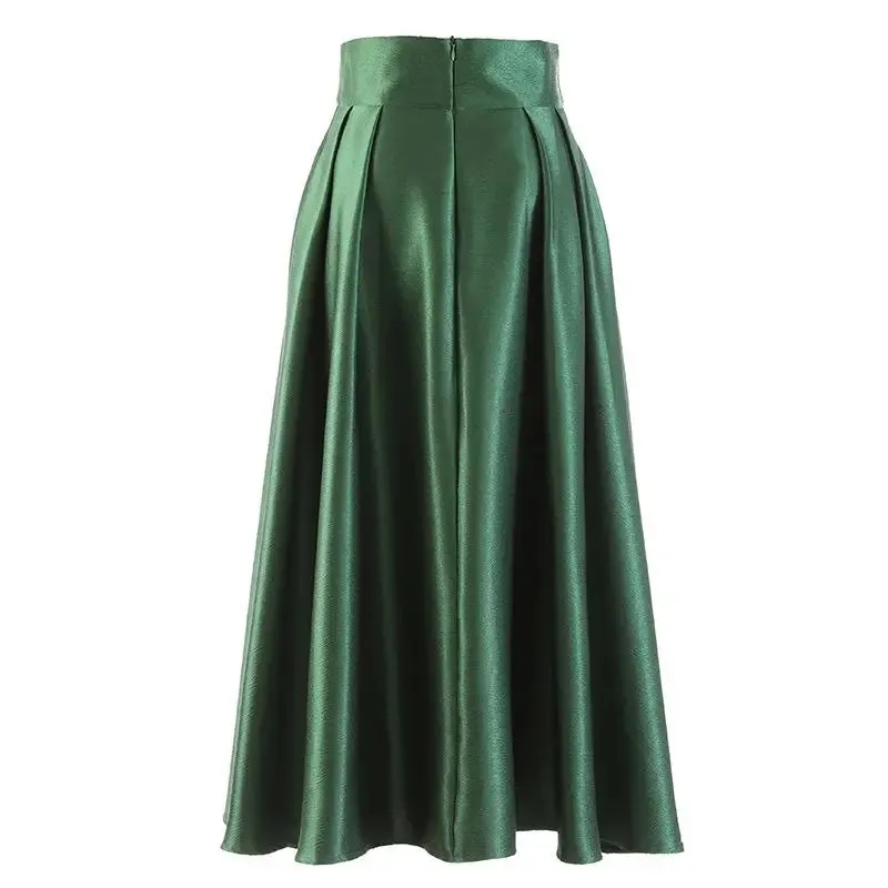 TAVIMART  -  New Green Shiny Fashion Umbrella Chic Solid Color Spring Summer Skirt Pleated Skirts High Waist Party Elegant Long Skirt